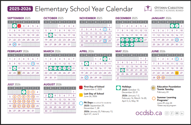 Elementary Calendar (K - Grade 8)